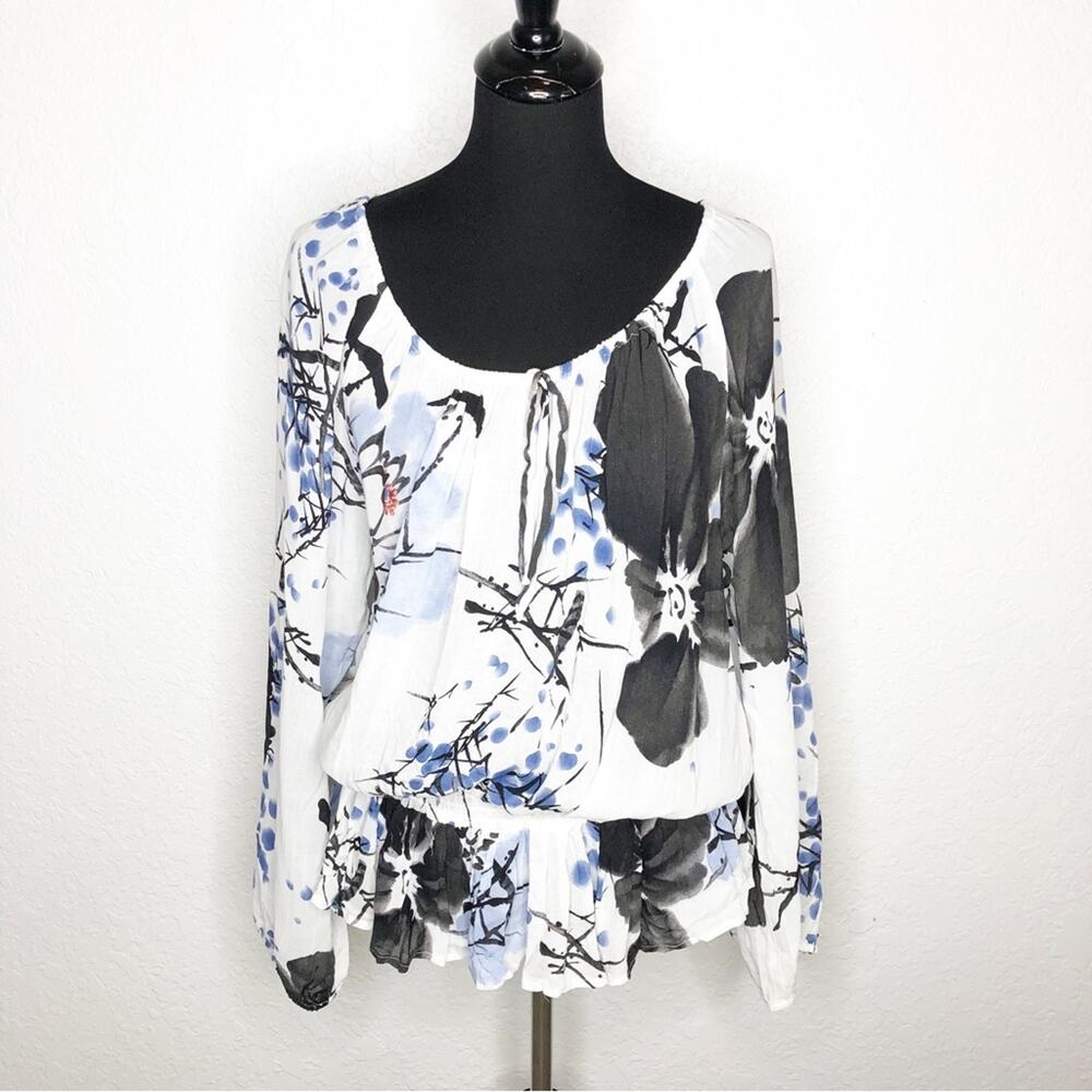 Animale white blue black floral peplum peasant style top size FR 46 or US‎ XL